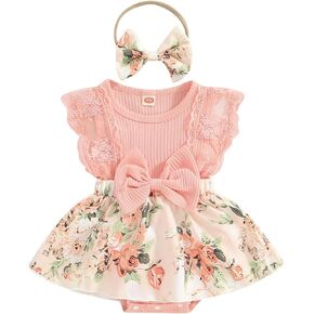 CIYCUIT Baby Girl Clothes 0 3 6 9 12 18 Months Floral Lace Dress Romper with Headband
