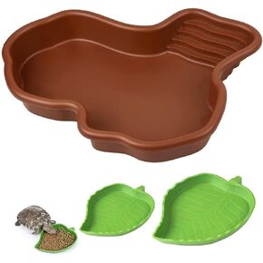 3PCS Tortoise Food Dish with Ramp Leaf Tortoise Food Water Bowls Reptile Food Water Bowls Amphibians Habitat Accessories for Horned Frogs Lizards Fit for Bath