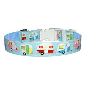 RV Camping Dog Collar - Blue Camper Collar - Multicolor Glamping Trailers - 4 Sizes - 1 Inch Wide (X-Large 17-27")