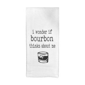 I Wonder If Bourbon Thinks About Me Tea Towel | Dish Towels with Funny Bourbon Whiskey Sayings are Perfect for Home, Bar, or Kitchen | Funny Gift for Old Fashioned Cocktail Lovers