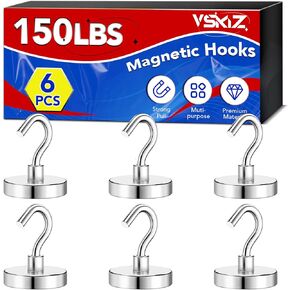 VSKIZ Heavy Duty Magnet Hooks, 150Lbs Strong Magnetic Hooks for Cruise Cabins, Metal Magnetic Grill Hooks for Hanging, Magnets with Hooks Magnetic Hanger for Refrigerator, Toolbox, Storage - 6Pack