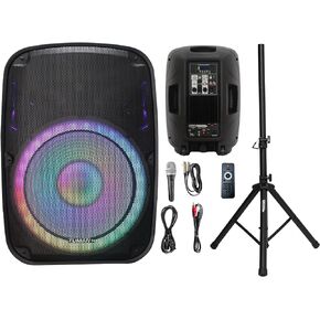 TUMAN Pro Portable 15-Inch PA Speaker System DJ Amplified Loud Speaker with Stand Bluetooth/USB/SD Card Reader/FM Radio/Remote Control/LED Light, Good for Churches, Bands, Parties