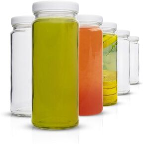 All About Juicing Clear Glass Water Bottles Set - 6 Pack Wide Mouth with Lids for Juice, Smoothies, Beverage Storage - 16 oz, Durable, Reusable, Dishwasher Safe, Leak Proof (Black Caps)