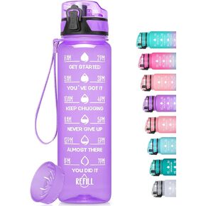 MEITAGIE 32oz Motivational Water Bottle with Time Marker & Fruit Strainer, Leak-proof BPA Free Non-Toxic 1l Bottle with Carrying Strap, Perfect for Fitness, Gym and Outdoor Sports (Rose Quartz)