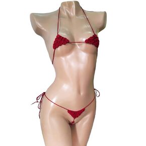 Fish scale bikini women Crochet extreme micro g-string bikini Crotchless bikini for women sexy - Cardinal red color