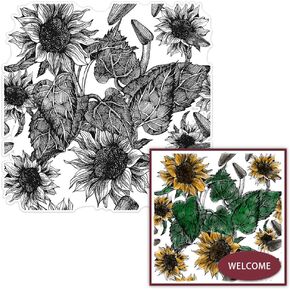 Hying Fall Sunflower Background Clear Stamps for Card Making and Photo Album Decorations, Thanksgiving Flowers Leaves Transparent Rubber Stamps Seal for DIY Scrapbooking