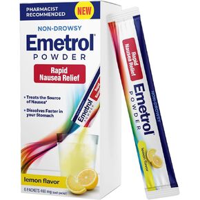 Emetrol Non-Drowsy Nausea Relief Powder Mix - Electrolyte Drink Mix for Rapid Nausea Relief, Morning Recovery, Hydration & Upset Stomach Relief - Lemon Flavor - 6 Packets