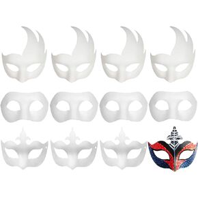 CSPRING 12PCS Cute Paper Face Paintable White Plain DIY Mask for Mardi Gras Cosplay Masquerade Dance Party