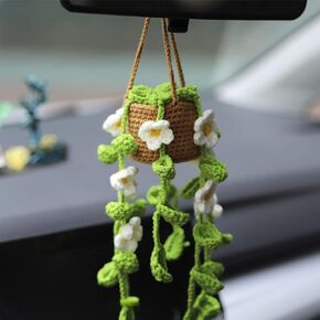 Crochet Potted Plants Car Mirror Hanging Accessories, Cute Car Decorations for Women Men, Handmade Knitted Rearview Mirror Accessories Car Accessories Home Crochet Decor Gifts