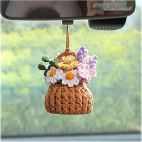 zipelo Car Rear View Mirror Accessories, Crochet Cute Potted Plants Hanging Handmade Knitted Decor for Women Men, Woven Cute Charms Ornament Pendant, Car Accessories Interior Aesthetic (Coffee/Green)
