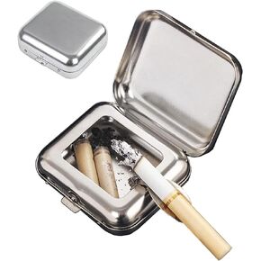 Portable Ashtray, VOVCAMLS Pocket Ashtray Windproof Ashtray with Lid Stainless Steel Car Ash Tray for Car Outdoor Cigars (Silver)