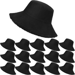 Cutecrop 15 Pcs Frayed Bucket Hats for Women Wide Brim Sun Hats Unisex Cotton Summer Packable Hats for Beach Vacation Travel