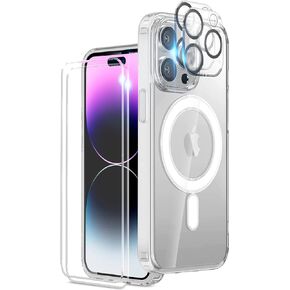 Generic Total Defense Solution لجهاز iPhone 15 Pro Max: 1 حافظة شفافة + 2 واقي لعدسة الكاميرا + 2 حماية للشاشة الأمامية (حزمة 5 في 1) متوافقة مع الشحن المغناطيسي