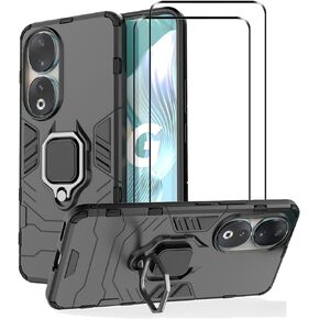 Compatible with Honor 90 5G Case Kickstand with Tempered Glass Screen Protector [2 pcs], Hybrid Heavy Duty Armor Dual Layer Anti-Scratch Phone Case Cover, Black
