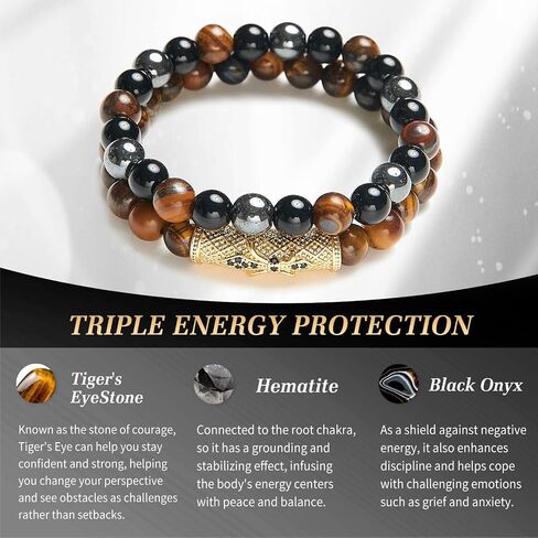 Triple Protection Bracelet for Men Women, Genuine Lava Stone - Tiger Eye - Black Onyx, Handmade Healing Crystal Beads Bracelet, Natural Stone, Bring Luck Prosperity Happiness in Saudi Arabia
