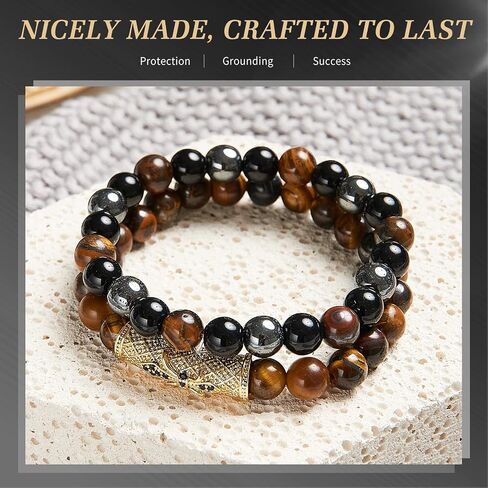 Triple Protection Bracelet for Men Women, Genuine Lava Stone - Tiger Eye - Black Onyx, Handmade Healing Crystal Beads Bracelet, Natural Stone, Bring Luck Prosperity Happiness in Saudi Arabia