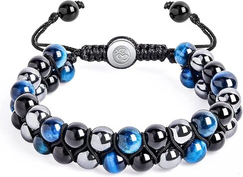 Triple Protection Bracelet for Men Women, Genuine Blue Tiger Eye - Hematite - Black Onyx, Handmade Healing Crystal Beads Bracelet, Natural Stone, Bring Luck Prosperity Happiness (Sky Blue) in Saudi Arabia