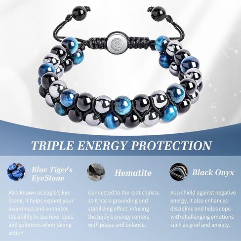 Triple Protection Bracelet for Men Women, Genuine Blue Tiger Eye - Hematite - Black Onyx, Handmade Healing Crystal Beads Bracelet, Natural Stone, Bring Luck Prosperity Happiness (Sky Blue) in Saudi Arabia