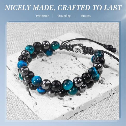 Triple Protection Bracelet for Men Women, Genuine Blue Tiger Eye - Hematite - Black Onyx, Handmade Healing Crystal Beads Bracelet, Natural Stone, Bring Luck Prosperity Happiness (Sky Blue) in Saudi Arabia