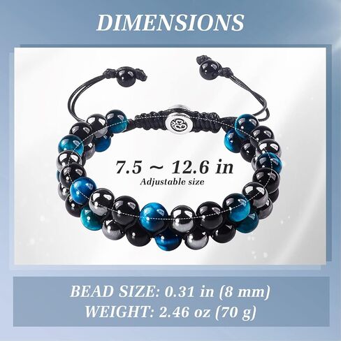 Triple Protection Bracelet for Men Women, Genuine Blue Tiger Eye - Hematite - Black Onyx, Handmade Healing Crystal Beads Bracelet, Natural Stone, Bring Luck Prosperity Happiness (Sky Blue) in Saudi Arabia