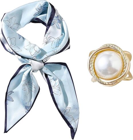 وشاح شعر طويل من Do-Dottii مقاس 59 بوصة للنساء، وشاح رأس من الساتان الحريري الأنيق للسيدات، أوشحة رقبة حريرية خفيفة الوزن، إكسسوارات حقائب اليد - زهور زرقاء شاحبة in Kuwait