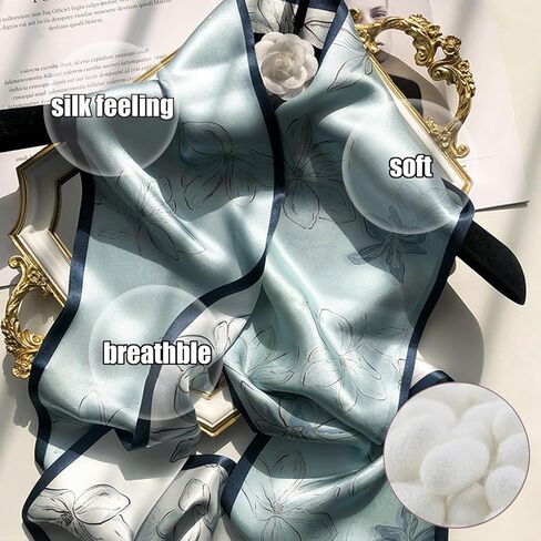 وشاح شعر طويل من Do-Dottii مقاس 59 بوصة للنساء، وشاح رأس من الساتان الحريري الأنيق للسيدات، أوشحة رقبة حريرية خفيفة الوزن، إكسسوارات حقائب اليد - زهور زرقاء شاحبة in Kuwait