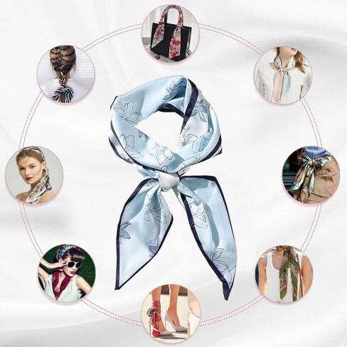 وشاح شعر طويل من Do-Dottii مقاس 59 بوصة للنساء، وشاح رأس من الساتان الحريري الأنيق للسيدات، أوشحة رقبة حريرية خفيفة الوزن، إكسسوارات حقائب اليد - زهور زرقاء شاحبة in Kuwait