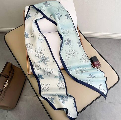 وشاح شعر طويل من Do-Dottii مقاس 59 بوصة للنساء، وشاح رأس من الساتان الحريري الأنيق للسيدات، أوشحة رقبة حريرية خفيفة الوزن، إكسسوارات حقائب اليد - زهور زرقاء شاحبة in Kuwait