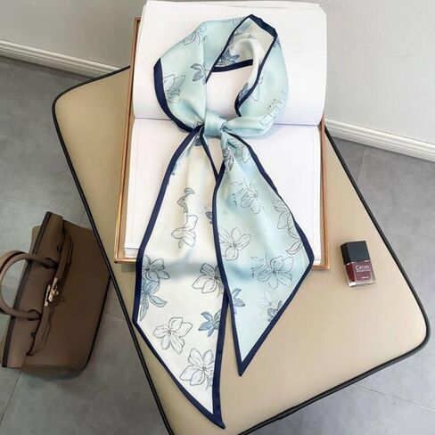 وشاح شعر طويل من Do-Dottii مقاس 59 بوصة للنساء، وشاح رأس من الساتان الحريري الأنيق للسيدات، أوشحة رقبة حريرية خفيفة الوزن، إكسسوارات حقائب اليد - زهور زرقاء شاحبة in Kuwait