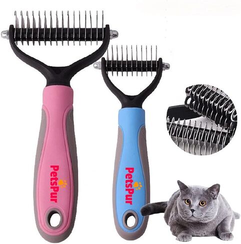 PetsPur, Grooming Deshedding Brush (2 Pack-Pink + Blue) - Double Sided (17 & 9 Teethes) Undercoat Shedding and Dematting Rake Comb Dogs and Cats, Extra Wide. in Saudi Arabia