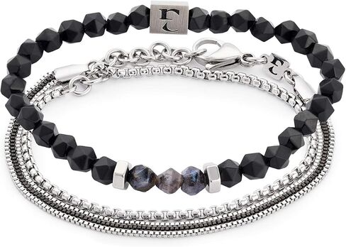 مجموعة أساور Galis - سوار سلسلة صندوقية مكون من 4 طبقات مطلي بالفضة وغير مشوه وسوار من الأحجار الكريمة مع خرز أونيكس أسود، وأحجار كريمة فاخرة وسوار من الفولاذ المقاوم للصدأ مع مشبك مخلب جراد البحر 7 بوصة in Kuwait