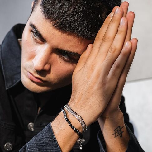 مجموعة أساور Galis - سوار سلسلة صندوقية مكون من 4 طبقات مطلي بالفضة وغير مشوه وسوار من الأحجار الكريمة مع خرز أونيكس أسود، وأحجار كريمة فاخرة وسوار من الفولاذ المقاوم للصدأ مع مشبك مخلب جراد البحر 7 بوصة in Kuwait