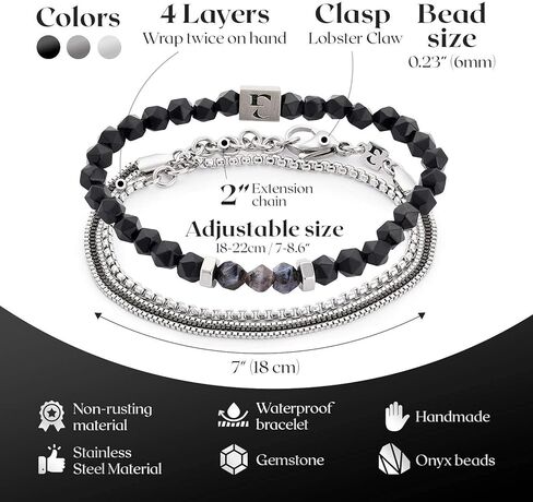 مجموعة أساور Galis - سوار سلسلة صندوقية مكون من 4 طبقات مطلي بالفضة وغير مشوه وسوار من الأحجار الكريمة مع خرز أونيكس أسود، وأحجار كريمة فاخرة وسوار من الفولاذ المقاوم للصدأ مع مشبك مخلب جراد البحر 7 بوصة in Kuwait