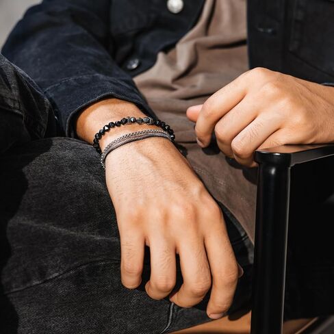 مجموعة أساور Galis - سوار سلسلة صندوقية مكون من 4 طبقات مطلي بالفضة وغير مشوه وسوار من الأحجار الكريمة مع خرز أونيكس أسود، وأحجار كريمة فاخرة وسوار من الفولاذ المقاوم للصدأ مع مشبك مخلب جراد البحر 7 بوصة in Kuwait