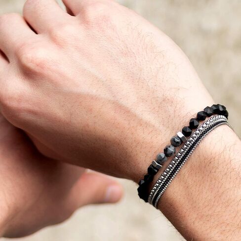 مجموعة أساور Galis - سوار سلسلة صندوقية مكون من 4 طبقات مطلي بالفضة وغير مشوه وسوار من الأحجار الكريمة مع خرز أونيكس أسود، وأحجار كريمة فاخرة وسوار من الفولاذ المقاوم للصدأ مع مشبك مخلب جراد البحر 7 بوصة in Kuwait