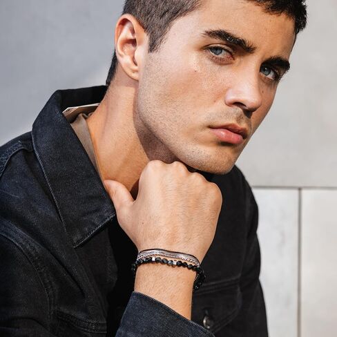 مجموعة أساور Galis - سوار سلسلة صندوقية مكون من 4 طبقات مطلي بالفضة وغير مشوه وسوار من الأحجار الكريمة مع خرز أونيكس أسود، وأحجار كريمة فاخرة وسوار من الفولاذ المقاوم للصدأ مع مشبك مخلب جراد البحر 7 بوصة in Kuwait