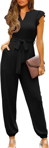 Happy Sailed Womens Jumpsuits Casual Dressy V Neck Frill Sleeve Waist Belt Pockets Long Pants Romper One Piece Outfits in Saudi Arabia
