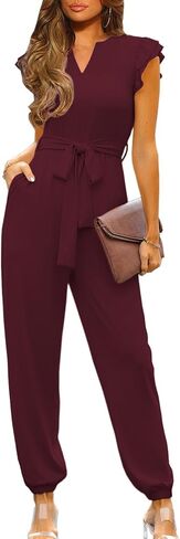 Happy Sailed Womens Jumpsuits Casual Dressy V Neck Frill Sleeve Waist Belt Pockets Long Pants Romper One Piece Outfits in Saudi Arabia