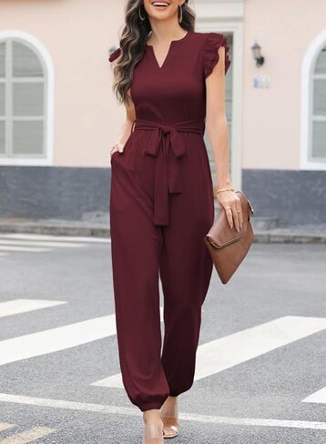 Happy Sailed Womens Jumpsuits Casual Dressy V Neck Frill Sleeve Waist Belt Pockets Long Pants Romper One Piece Outfits in Saudi Arabia