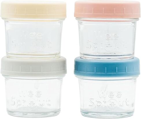 برطمانات تخزين طعام الأطفال الزجاجية من WeeSprout مع أغطية (4 أونصة، مجموعة من 4 عبوات) وجبة خفيفة، هريس، حاويات صغيرة قابلة لإعادة الاستخدام، حليب الثدي، الثلاجة أو الفريزر، آمن للاستخدام في الميكروويف وغسالة الأطباق، ضروري للرضع in Kuwait