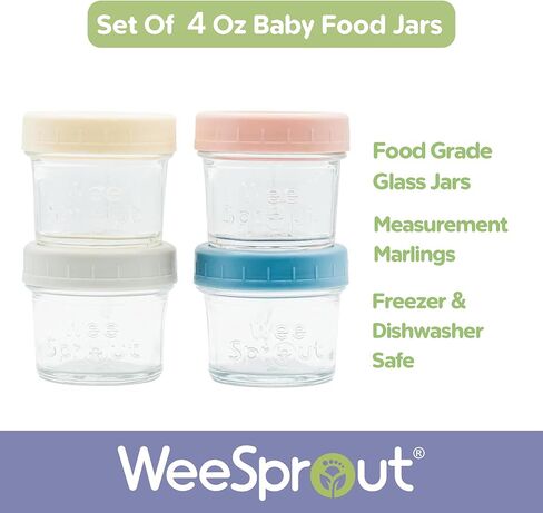 برطمانات تخزين طعام الأطفال الزجاجية من WeeSprout مع أغطية (4 أونصة، مجموعة من 4 عبوات) وجبة خفيفة، هريس، حاويات صغيرة قابلة لإعادة الاستخدام، حليب الثدي، الثلاجة أو الفريزر، آمن للاستخدام في الميكروويف وغسالة الأطباق، ضروري للرضع in Kuwait