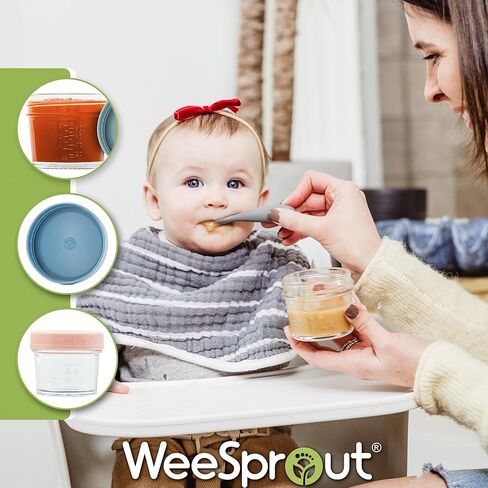 برطمانات تخزين طعام الأطفال الزجاجية من WeeSprout مع أغطية (4 أونصة، مجموعة من 4 عبوات) وجبة خفيفة، هريس، حاويات صغيرة قابلة لإعادة الاستخدام، حليب الثدي، الثلاجة أو الفريزر، آمن للاستخدام في الميكروويف وغسالة الأطباق، ضروري للرضع in Kuwait