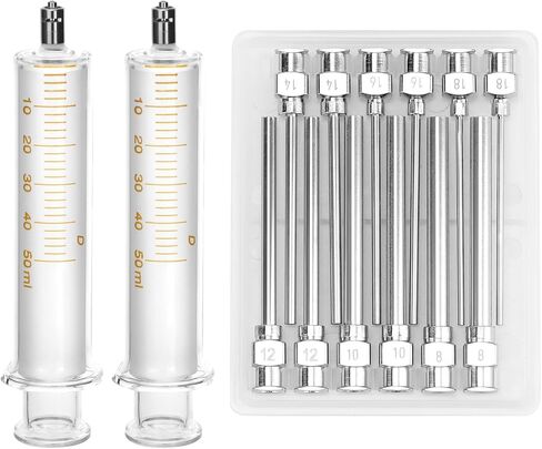 إبرة توزيع من الفولاذ المقاوم للصدأ QWORK وحقنة زجاجية 50 مل مع التخرج، 12 قطعة من 8 جرام إلى 18 جرام موصل لور ذو طرف حاد 1 بوصة إبر حادة 2 حزمة محاقن in Kuwait