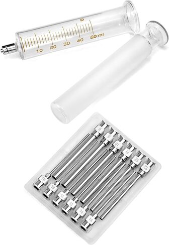 إبرة توزيع من الفولاذ المقاوم للصدأ QWORK وحقنة زجاجية 50 مل مع التخرج، 12 قطعة من 8 جرام إلى 18 جرام موصل لور ذو طرف حاد 1 بوصة إبر حادة 2 حزمة محاقن in Kuwait