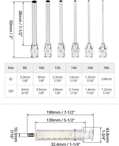 إبرة توزيع من الفولاذ المقاوم للصدأ QWORK وحقنة زجاجية 50 مل مع التخرج، 12 قطعة من 8 جرام إلى 18 جرام موصل لور ذو طرف حاد 1 بوصة إبر حادة 2 حزمة محاقن in Kuwait