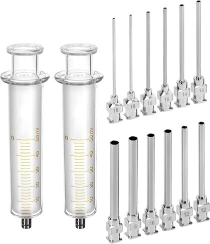 إبرة توزيع من الفولاذ المقاوم للصدأ QWORK وحقنة زجاجية 50 مل مع التخرج، 12 قطعة من 8 جرام إلى 18 جرام موصل لور ذو طرف حاد 1 بوصة إبر حادة 2 حزمة محاقن in Kuwait