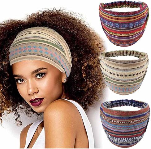عصابات رأس واسعة من CAKURE Boho، أغطية رأس أفريقية، أربطة شعر قابلة للتمدد، عصابات رأس عمامة مخططة للنساء والفتيات، عبوة من 3 قطع (مجموعة 1) in Kuwait