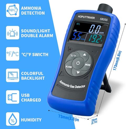 كاشف غاز الأمونيا، شاشة غاز الأمونيا القابلة لإعادة الشحن AP-5800G، شاشة NH3 0 ~ 100 جزء في المليون ودقة 0.1 جزء في المليون مع درجة الحرارة (درجة فهرنهايت/درجة مئوية)، الرطوبة للدواجن والمزرعة والمنزل in Kuwait