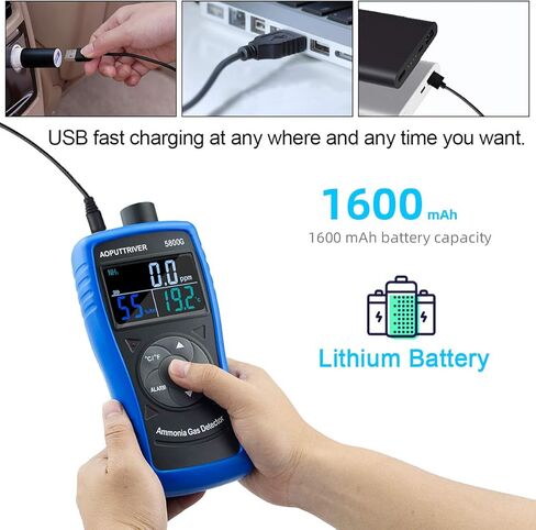 كاشف غاز الأمونيا، شاشة غاز الأمونيا القابلة لإعادة الشحن AP-5800G، شاشة NH3 0 ~ 100 جزء في المليون ودقة 0.1 جزء في المليون مع درجة الحرارة (درجة فهرنهايت/درجة مئوية)، الرطوبة للدواجن والمزرعة والمنزل in Kuwait