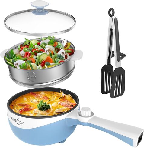 وعاء تسخين كهربائي من Audecook مع جهاز بخار، مقلاة كهربائية صغيرة محمولة غير لاصقة سعة 1.7 لتر مع إمكانية تعديل الطاقة، طباخ رامين سريع متعدد الاستخدامات للسفر لشرائح اللحم/الحساء/البيض/دقيق الشوفان/النودلز (أزرق) in Kuwait
